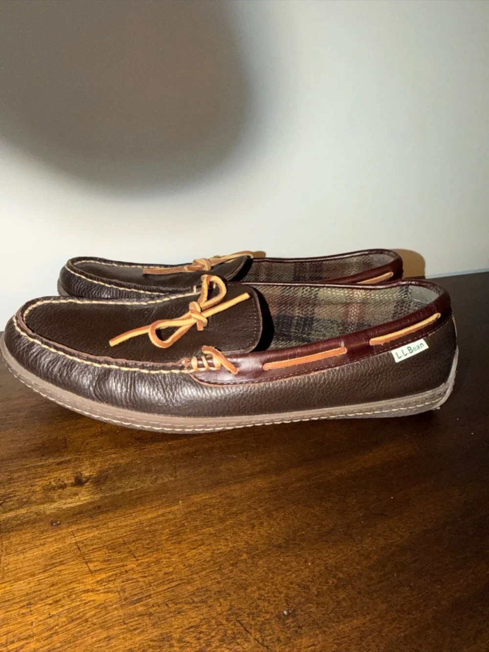 L.L. Bean Handsewn Flannel Lined Moccasin Slippers Men's Brown Leather - US 12